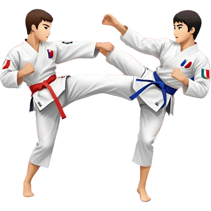 Two taekwondo fighters in a competition arena, one performing a high spinning kick towards the opponent’s head, while the other blocks with a precise guard. The background features a dynamic, bright arena with flags, emphasizing speed and agility in the martial art. Transparent background  emoji