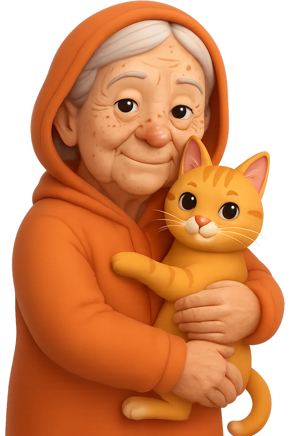 Make the grandmother look older with more wrinkles, gray hair, and age spots in a 3D emoji style. She is holding one cat. The background should be transparent with no background. emoji