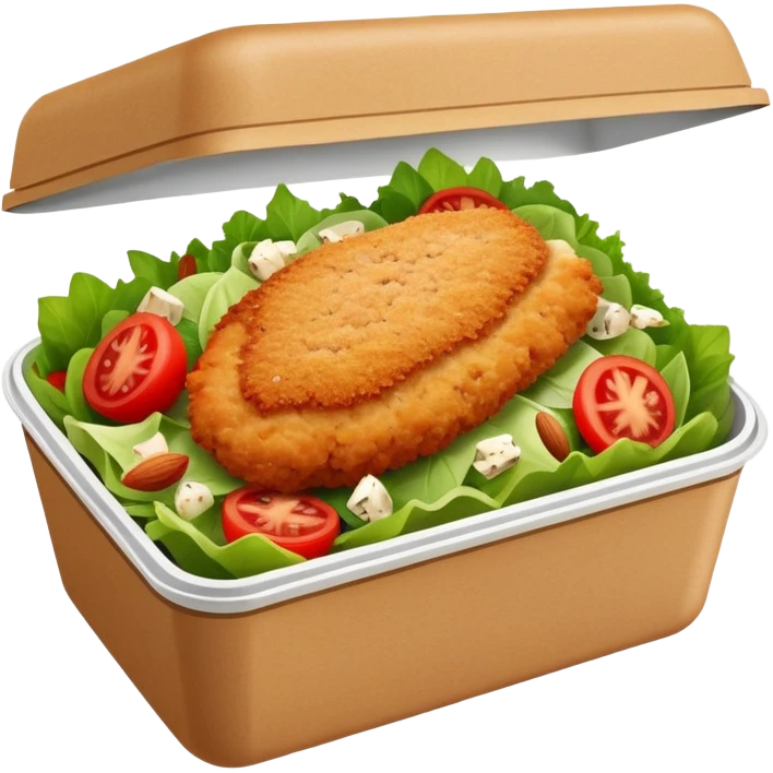 salad in a rectangular brown box container. with a chicken cutlet on top. the salad has gorgonzola cheese and almonds on it, with a few tomatoes emoji