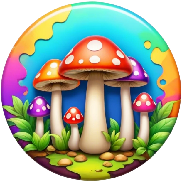 A round psychedelic colored button with bezeled edges and colorful hippie style mushrooms emoji