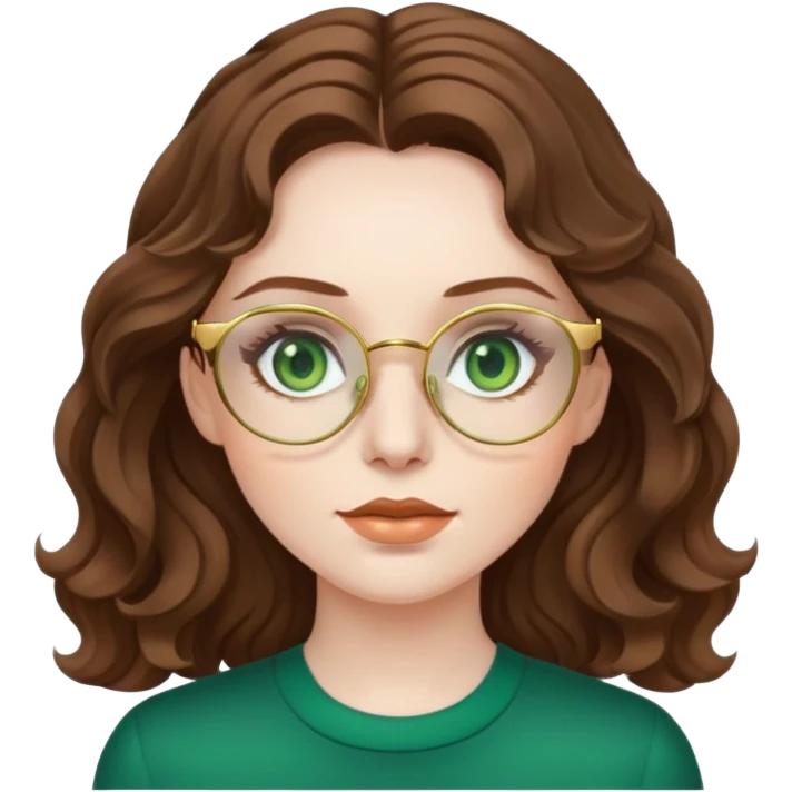 woman with pale skin, brown wavy hair, green eyes, gold glasses emoji