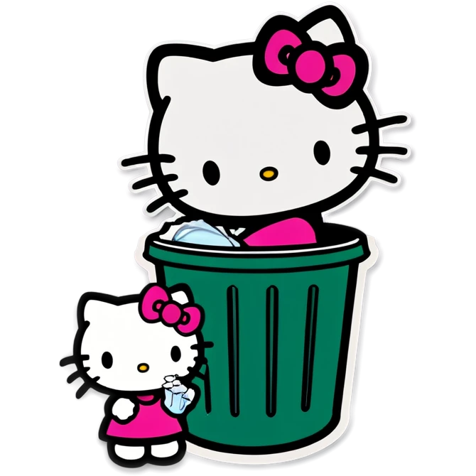 Hello Kitty chucking a baby in the trash and the trash bin says GOODBYE  emoji