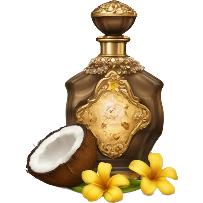 An antique perfume bottle with oil made of bronze and brown crystals, coconut, cream and coffee milk flow, yellow flowers of fragrant vanilla lie next to it emoji