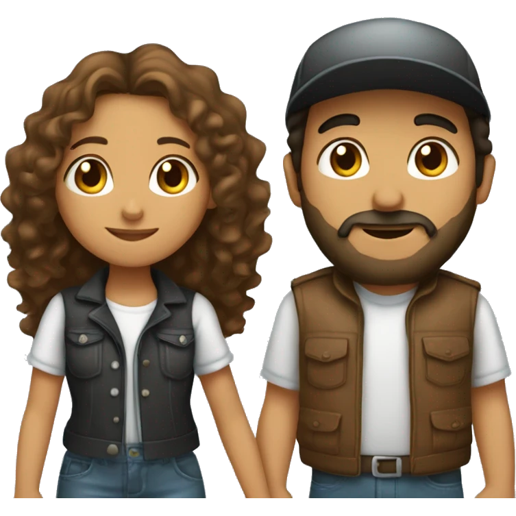 
a Hispanic girl with long curly hair and a Hispanic boy with a beard and cap facing away, both holding hands emoji