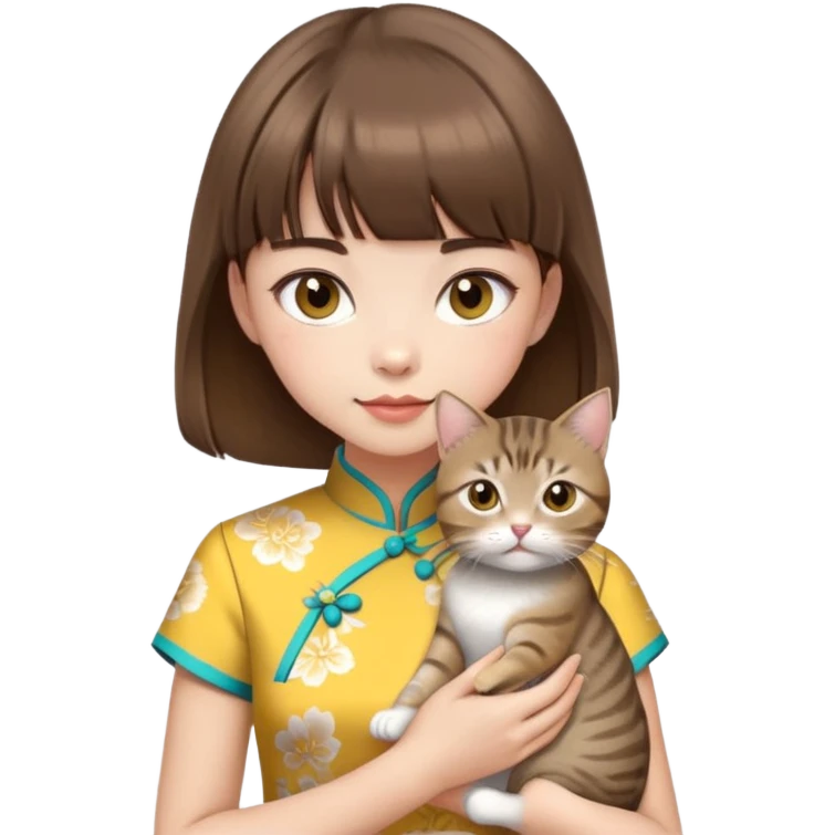 girl with brown hair and bangs wearing yellow qipao with a gray tabby cat emoji