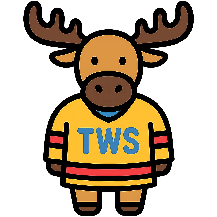 a clean, modern icon style moose wearing a hockey jersey with the letters 'TWS' on it emoji