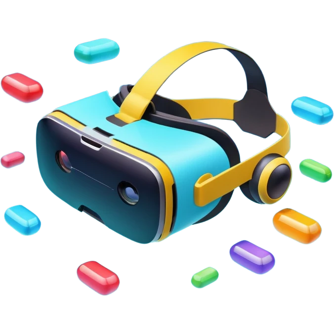 Show a VR headset or AR glasses, symbolizing the immersive experience. Include virtual objects or a 3D scene floating in the air in front of the headset. Use modern, tech-inspired colors. Do not include any emojis or smiley faces. Make the background transparent. emoji