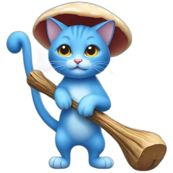  Cute Blue Cat NO ears wearing a mushroom cap carrying a stick emoji