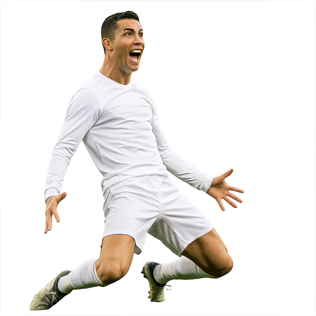 Cristiano Ronaldo celebrating with his signature 'Siuuu' pose, energetic and joyful emoji