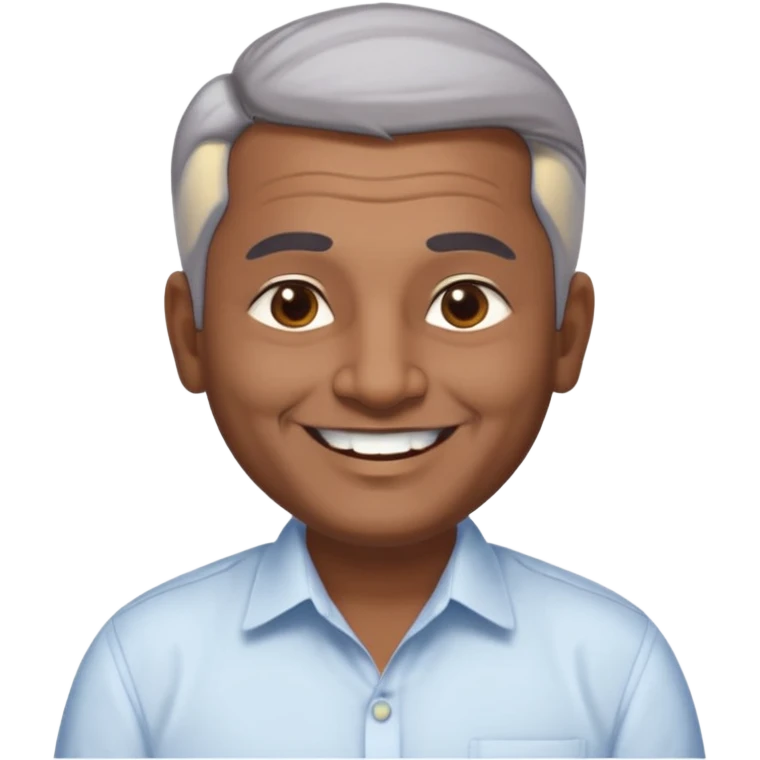 50 yr old indian man, dark skin, grey hair, big smile, white teeth, chubby, no moustache, clean shaven, young style hair, hair brushed back, 5 oclock shadow, bindy, dress shirt, forehead dot emoji