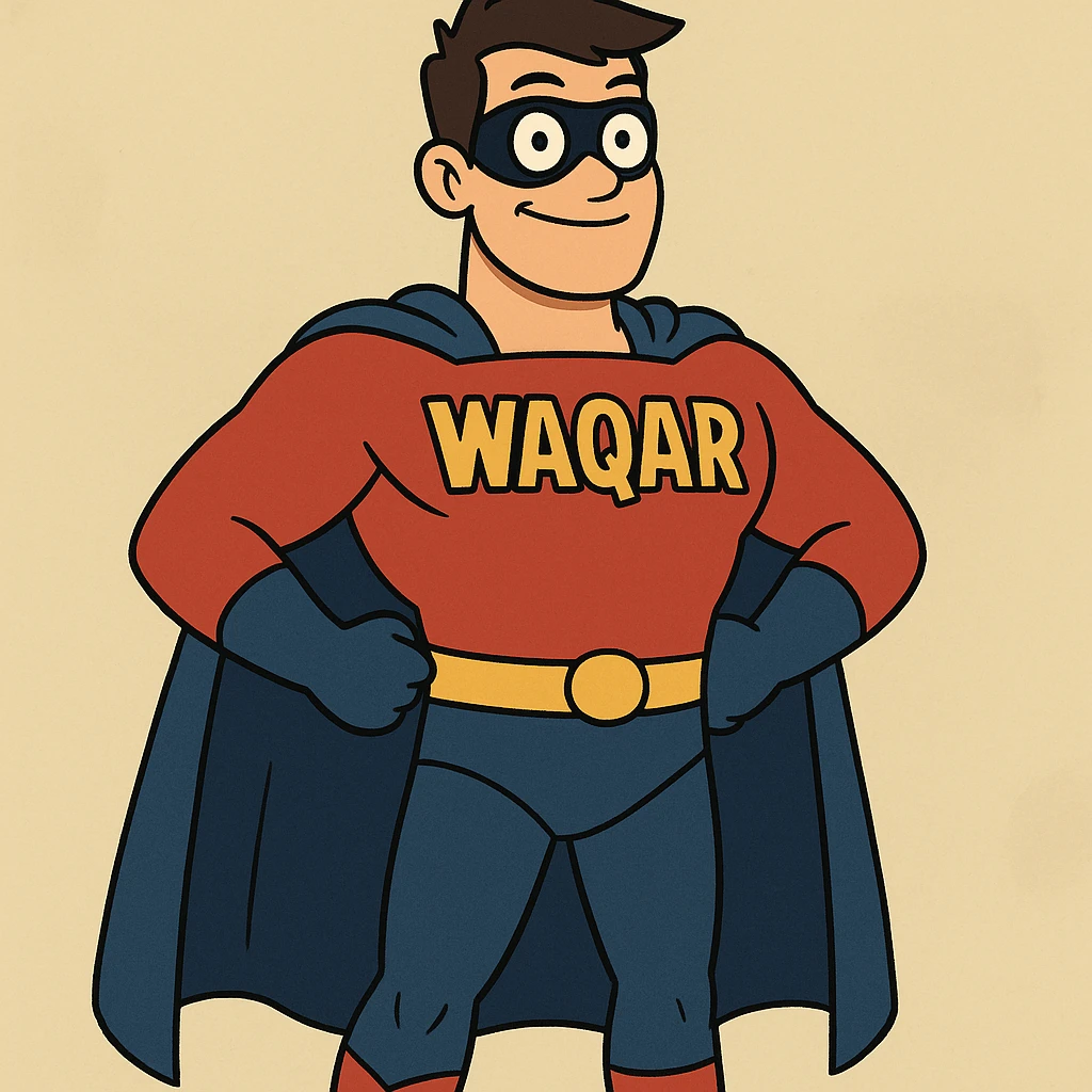 superhero with 'Waqar' written on the chest, modern cartoon style, vibrant colors emoji