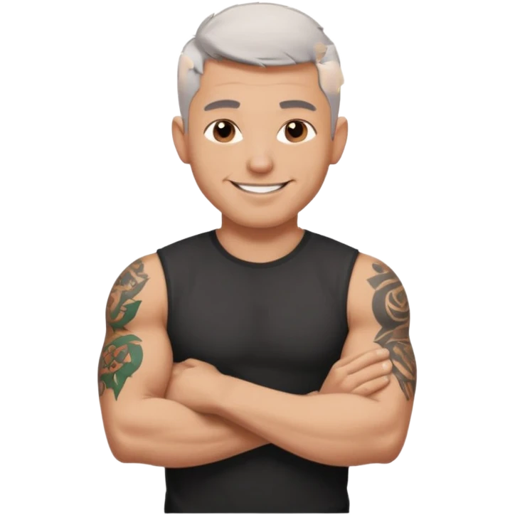 un homme de 35 ans, cheveux très court gris, qui sourit, musclé avec le bras droit tatoué et un tee shirt noir emoji