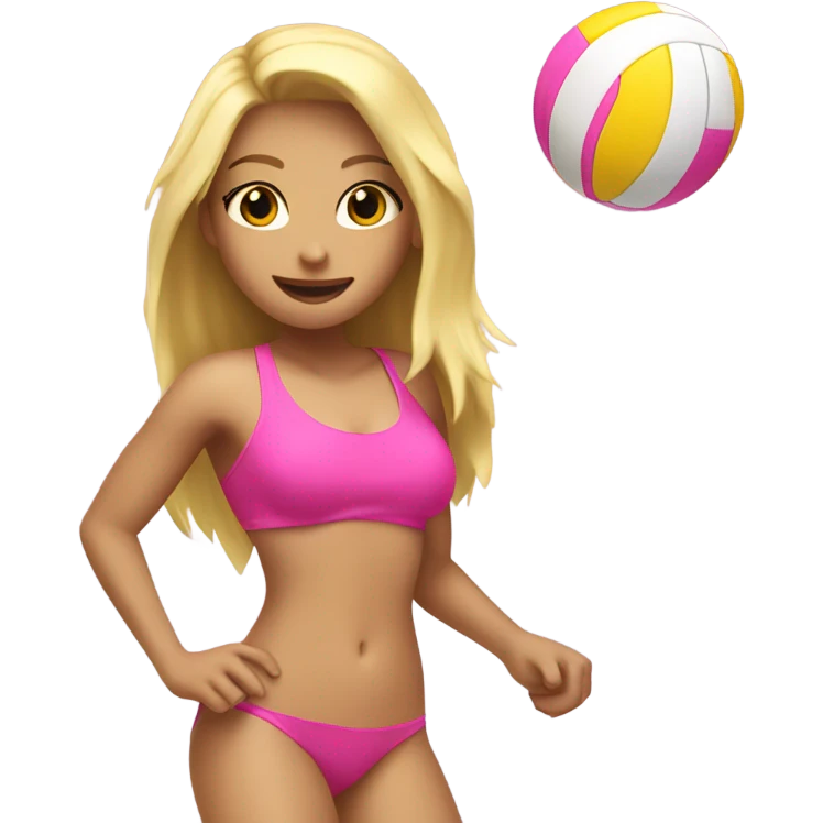 Blond girl wearing pink bikini spiking a pink volleyball on a beach emoji