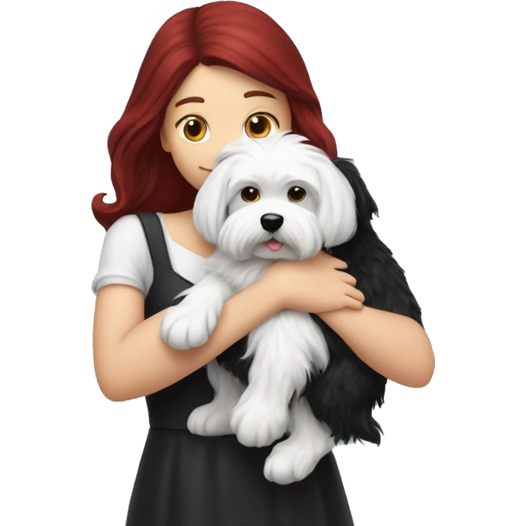 Dark red hair girl hugs  her maltese black dog emoji