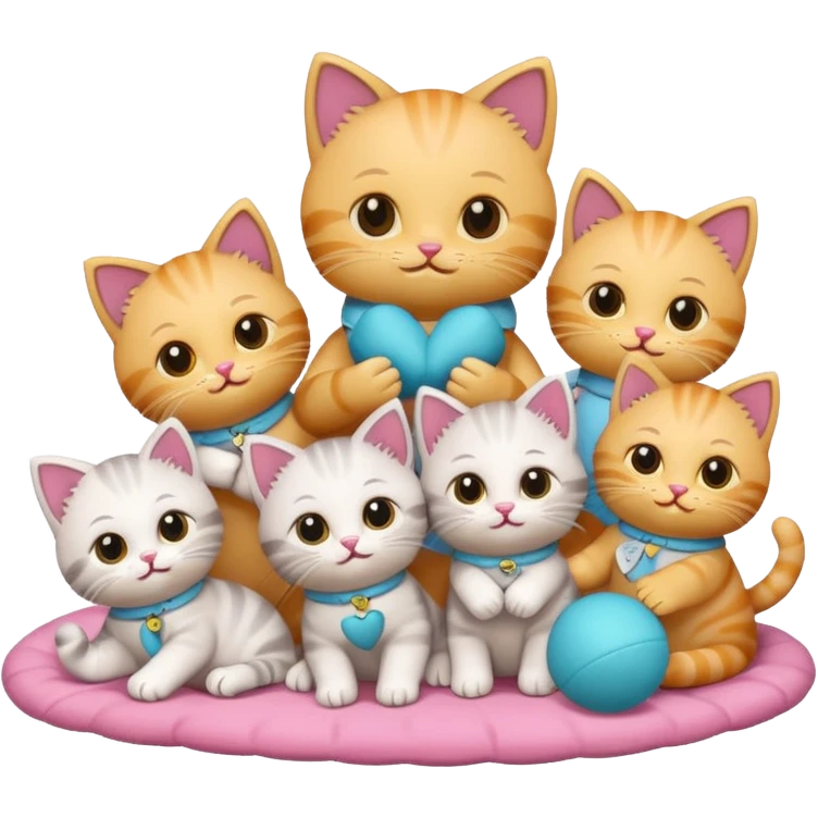ten cute kittens playing with a doll, emoji style emoji