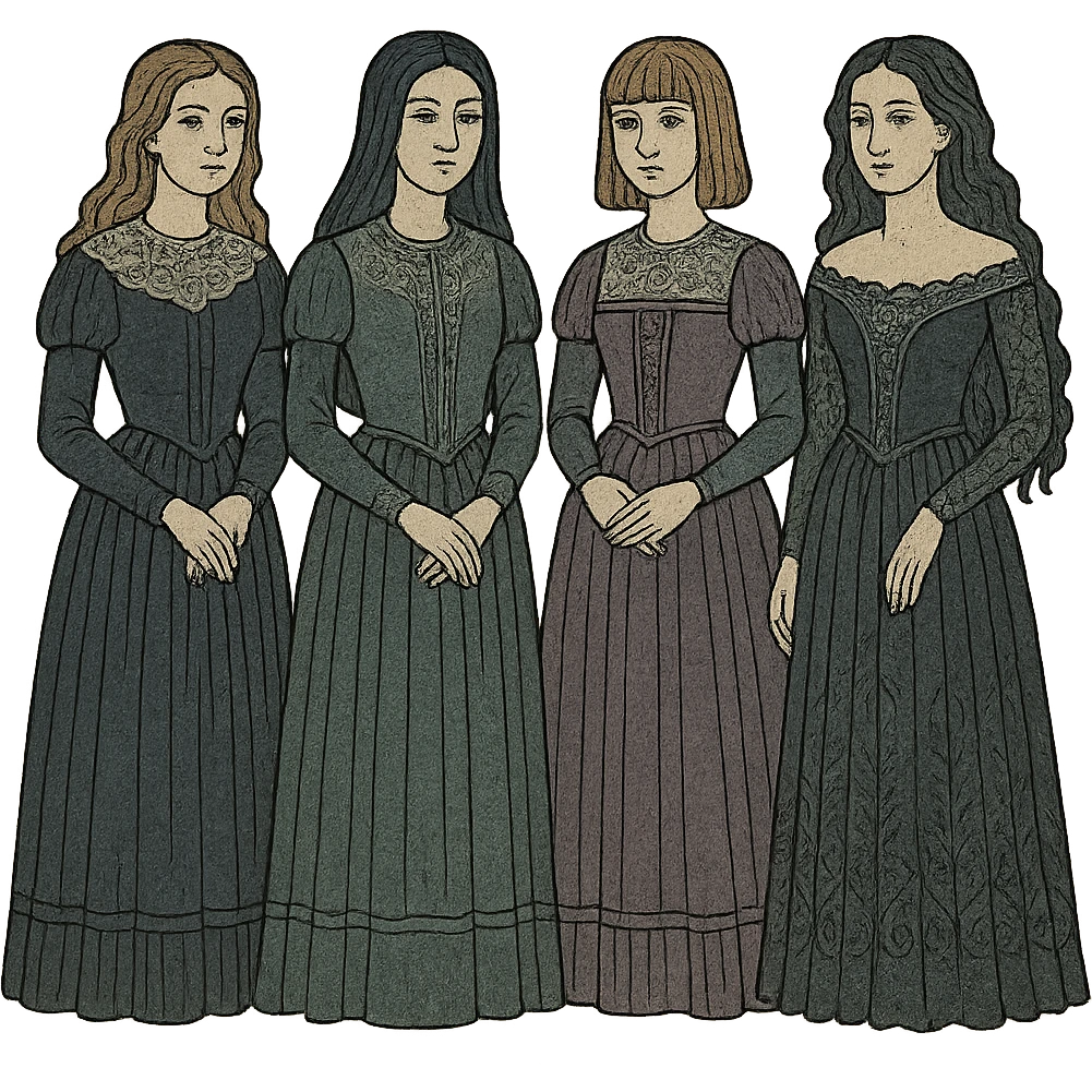 Blackpink in Victorian goth style, elegant dresses, lace, moody atmosphere emoji
