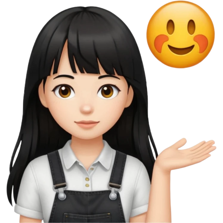 Make it a girl wil long hair like this and look like this  she has brown ish black hair and if has bangs with black overalls and a white shirt emoji
