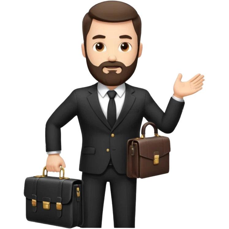 A handsome man, 40+ years old, with a thick beard in a black suit, fair skin, short stylish haircut, full-length photo, wearing an expensive watch, unusual pose, holding a briefcase, pumped up, super realistic emoji emoji