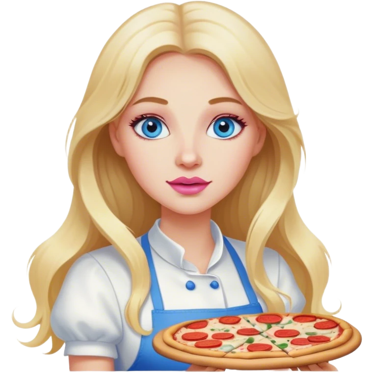 Cinematic realistic beautiful blonde with long hair, blue eyes and pink lips in a white dress cooks pizza emoji