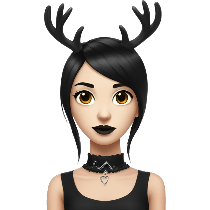 Portrait. Goth deer girl in a black sleeveless dress with a choker. White antlers with deer ears. Black hair emoji