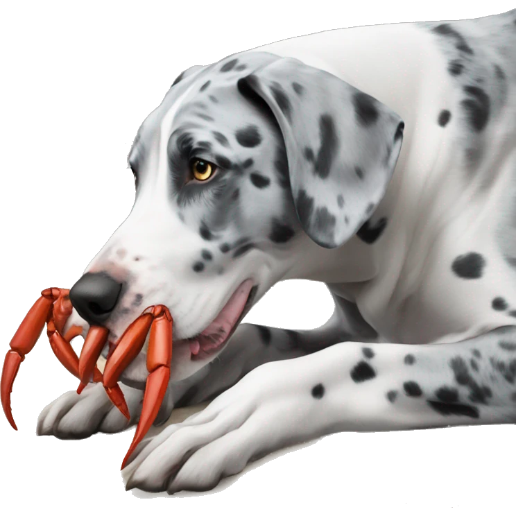 Blue Merle Great Dane eating red crab emoji
