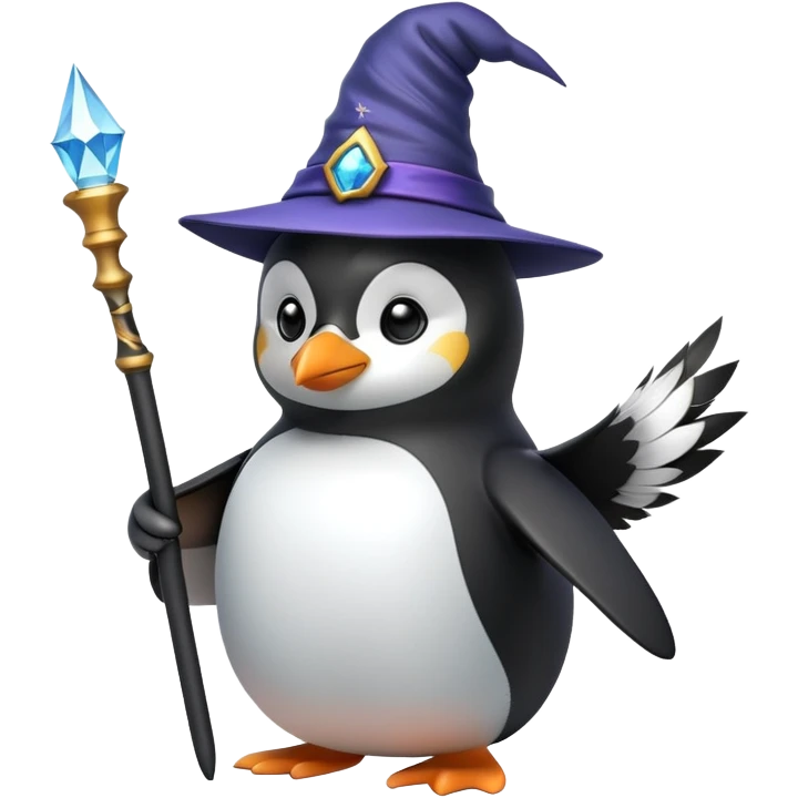 A penguin wearing a wizard hat and holding a magic wand emoji