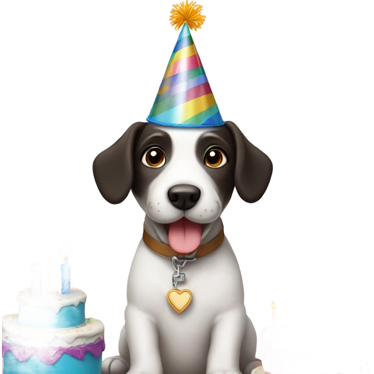 White male small dog wearing birthday hat with a cake  emoji