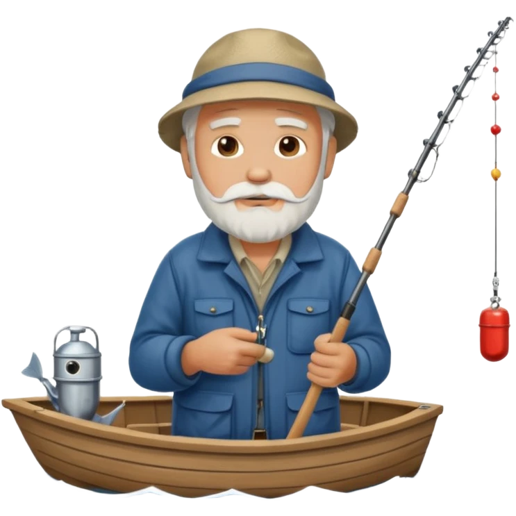 an old white haired, bearded man in fisherman attire, stood in a boat at sea, holding a fishing rod and catching fish with it. emoji