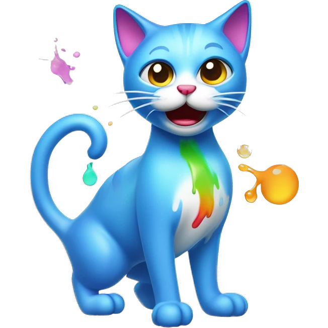 A cute cat character looking unwell, with a colorful stream of liquid coming from its mouth, depicted in a cartoonish and playful style emoji