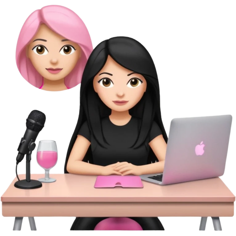 tanned long black hair woman, sat at desk with pink MacBook, podcast microphone black top and pink, sexy, glass table emoji