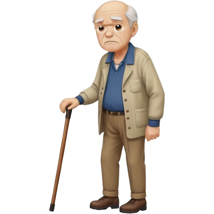 Old man leaning on a walking cane and holding his crancky back with his hand, grumpy face, detailed emoji