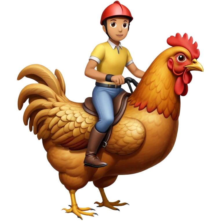 person riding a giant chicken like a jockey, funny meme, comical, human jockey on chicken emoji