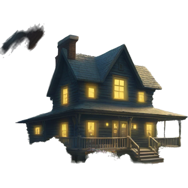  very very big Cabin near a big tree.  Thick moss growing on the roofs. grass fields. porch lights turned off. bright white interior lights turned off. guests sitting in chairs on the porch, flowers and bushes are yellow and blue. emoji