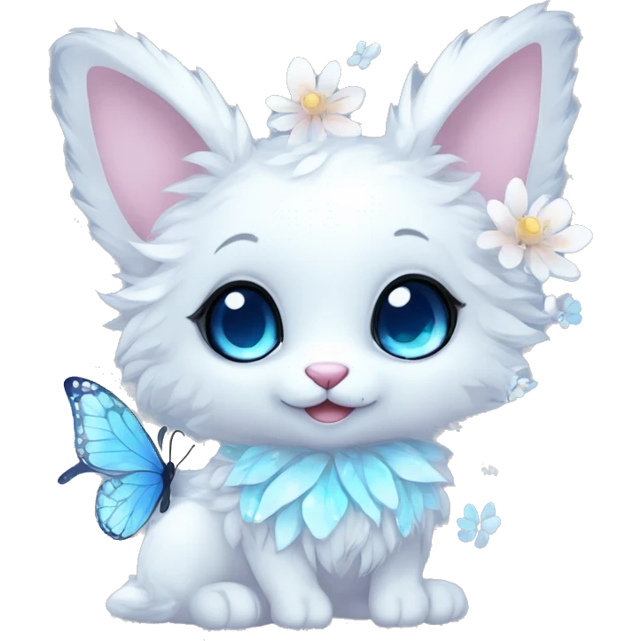 Anthro Cute Cool Kawaii gorgeous sparkly ethereal white fantasy animal creature with blue eyes furry sona with flowers and butterflies beautiful aesthetic emoji