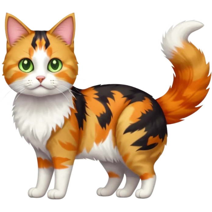 full body anxious looking colourful calico tabby cat with disproportioned head to body with fully white front legs emoji