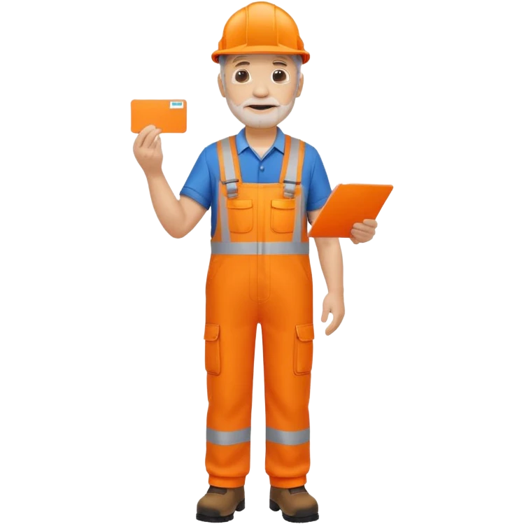 older engineer hi-vis orange overalls standing full body holding a card emoji