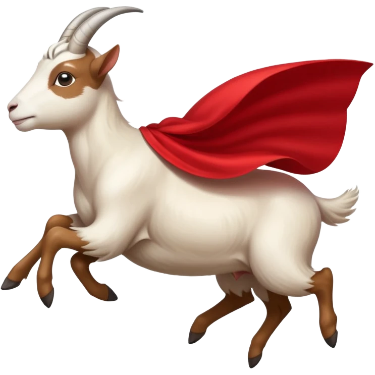 side view of white female goat wearing a read cape like superman emoji