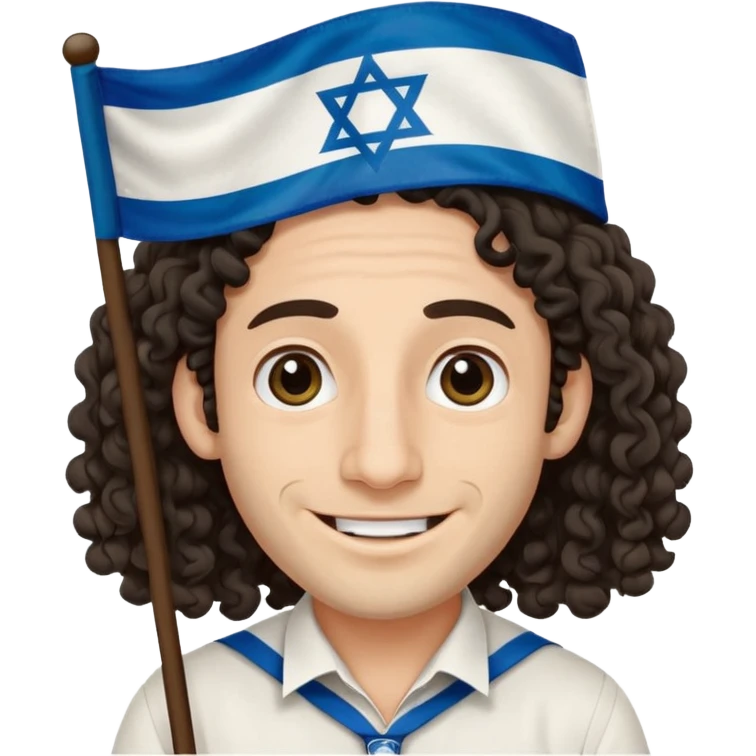 jewish jew man's face, wearing a tiny black kippah and 2 curly long hair strands near the ears, big nose, only face, no body, no mustache, holding israel flag emoji