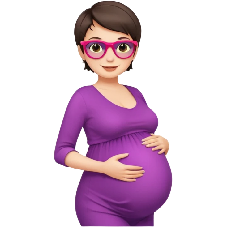 pregnant stylish woman with short pixie brunette hair happily touching her big belly while wearing fashionable clothes and colorful shades emoji
