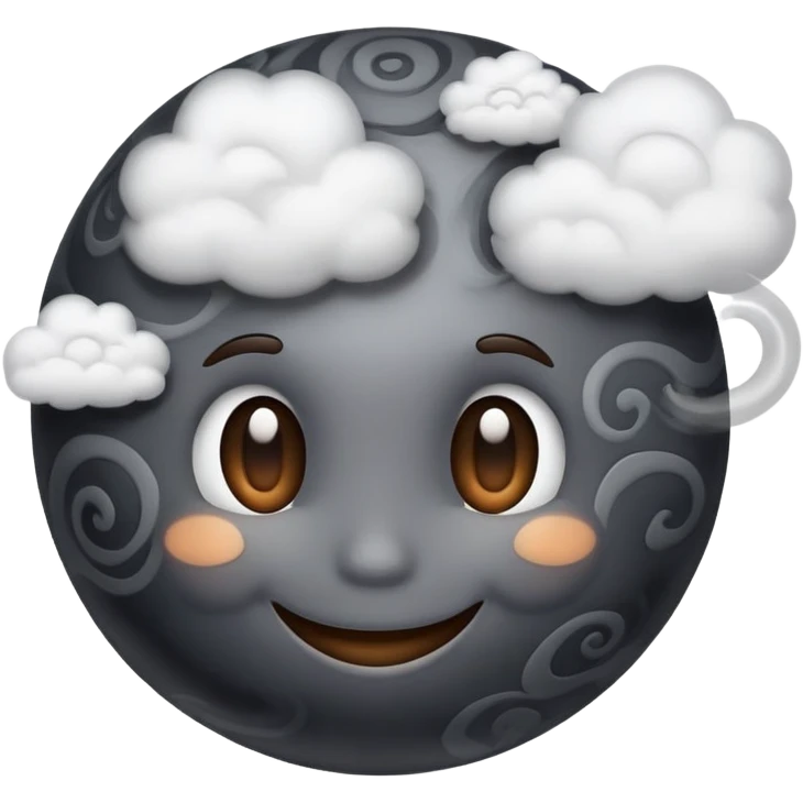 dark gray planet with smoky swirls and clouds with a cute smiling face emoji