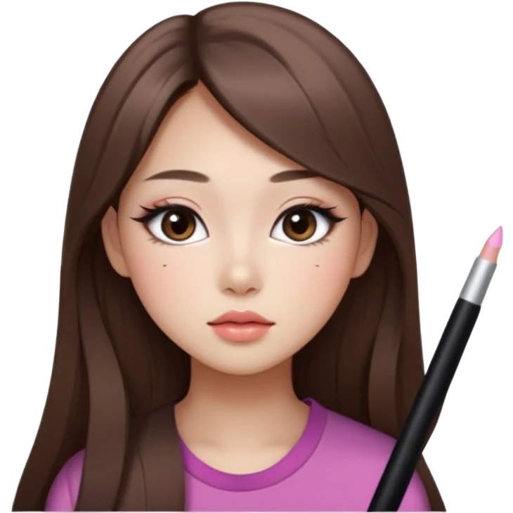 “korean straight long brown hair Emoji girl, soft eyeliner and blush, gradient lips, light brown shimmer eyeshadow emoji