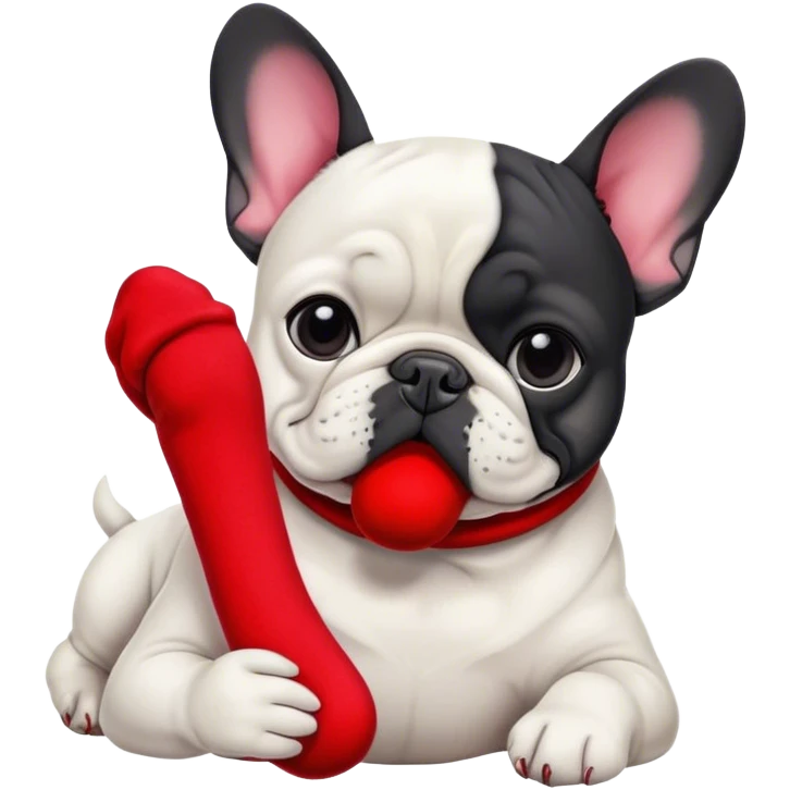 Black and white Bouledogue français eating a red sock  emoji