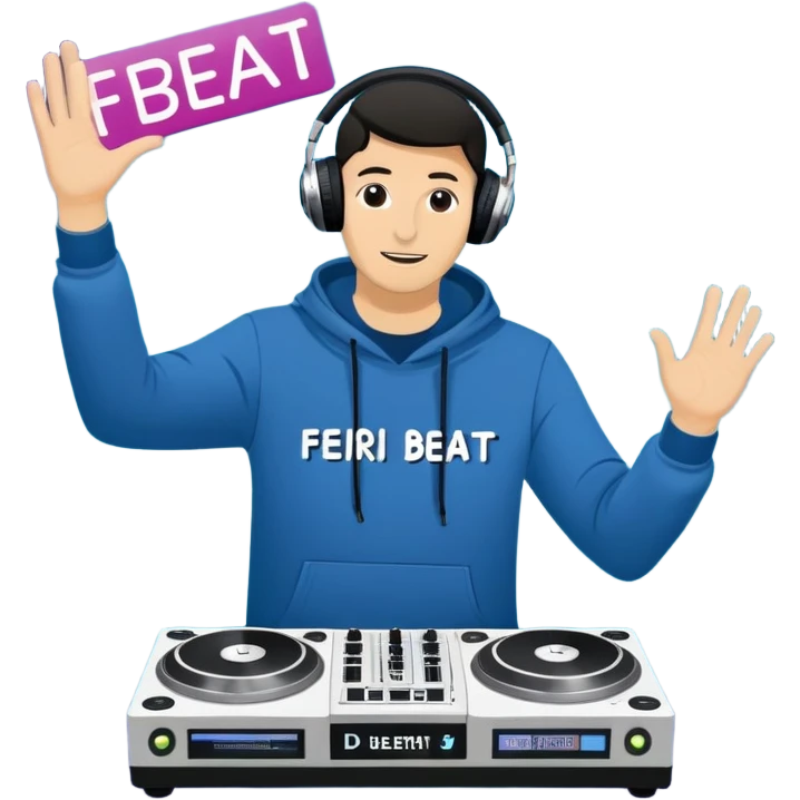 “Ein dynamisches, lebhaftes Emote mit dem Text ‘Feier den Beat’ in leuchtenden, fetten Buchstaben. Im Hintergrund sieht man eine stilisierte DJ-Platte, die von einer Hand gehalten und gescratcht wird. Leuchtende Farben und rhythmische Wellenlinien vermitteln die Energie und den Groove der Musik.” emoji