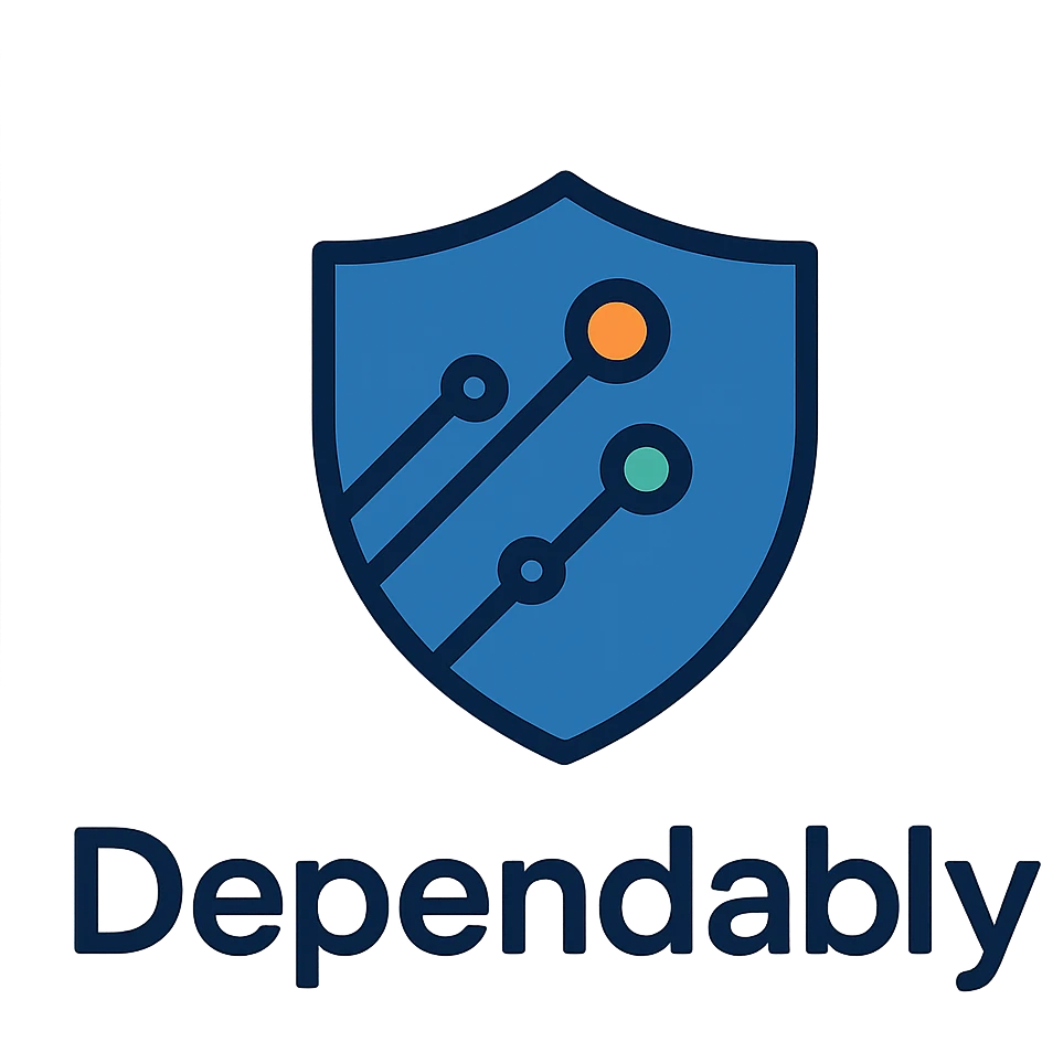 professional minimalist logo for 'Dependably', modern security shield icon, clean geometric shield shape, subtle circuit board patterns or connection nodes integrated, trustworthy deep blue primary color with accent of warm orange or green, flat design with slight depth, suitable for favicon and app icon, represents IT security and reliability in social care emoji