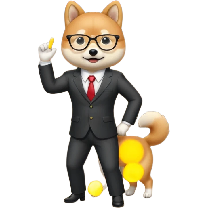  shiba inu performs on stage without a background, wearing glasses and a business suit. emoji