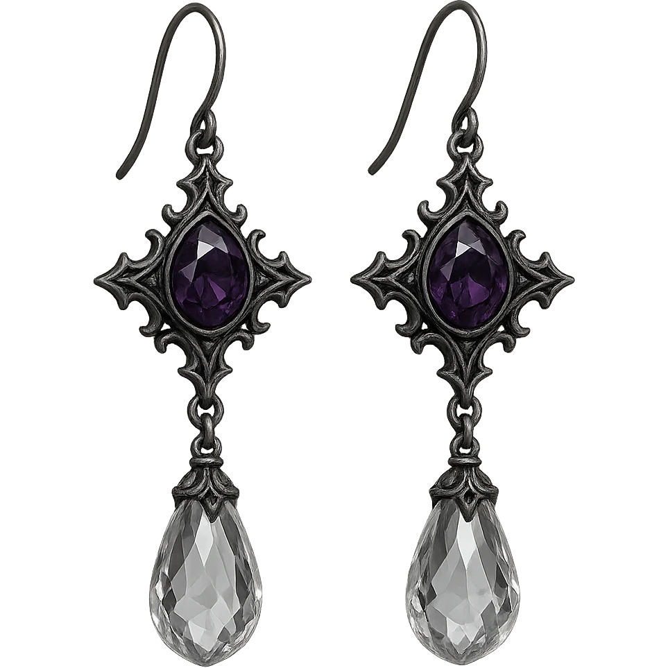 goth earrings with crystal drop, dark amethyst, mystical gothic emoji
