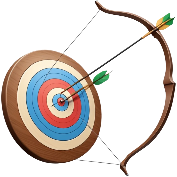 A professional recurve bow with an arrow nocked, ready to be released. The target features concentric rings, placed at a distance. The emphasis is on the bow, arrow, and target, highlighting the precision, focus, and skill involved in competitive archery. emoji