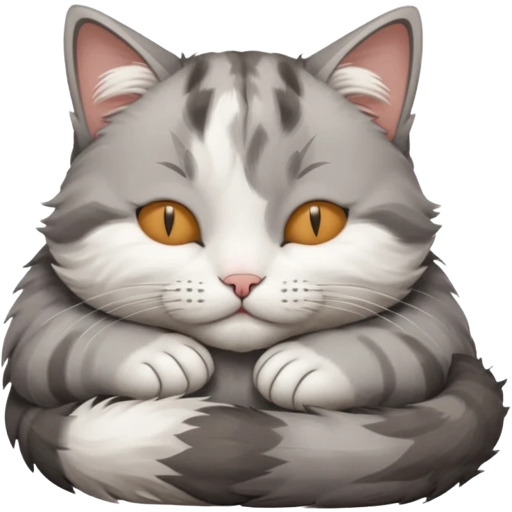 grey and white small cat with its eyes closed lying down with its paw holding up his head emoji