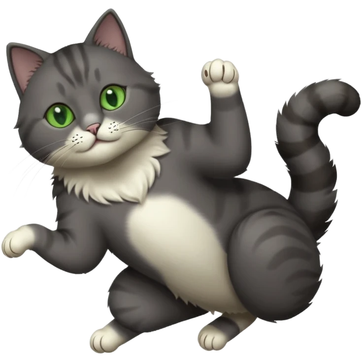 solid dark grey cat with green eyes, completely solid grey face, white toes/paws playfully rolling upside down emoji