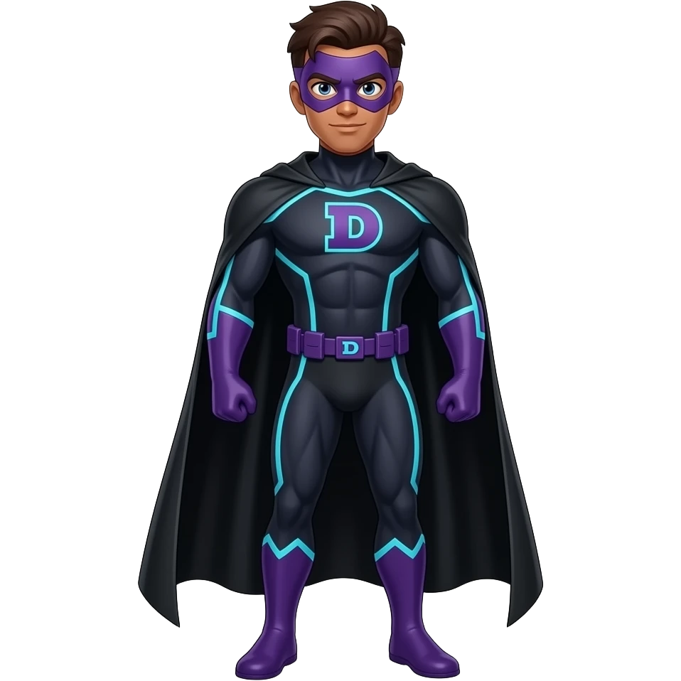 Anime men brown skin  superhero suite look superstrong dark purple and cyan lines long black cape letters D purple masks full body emoji